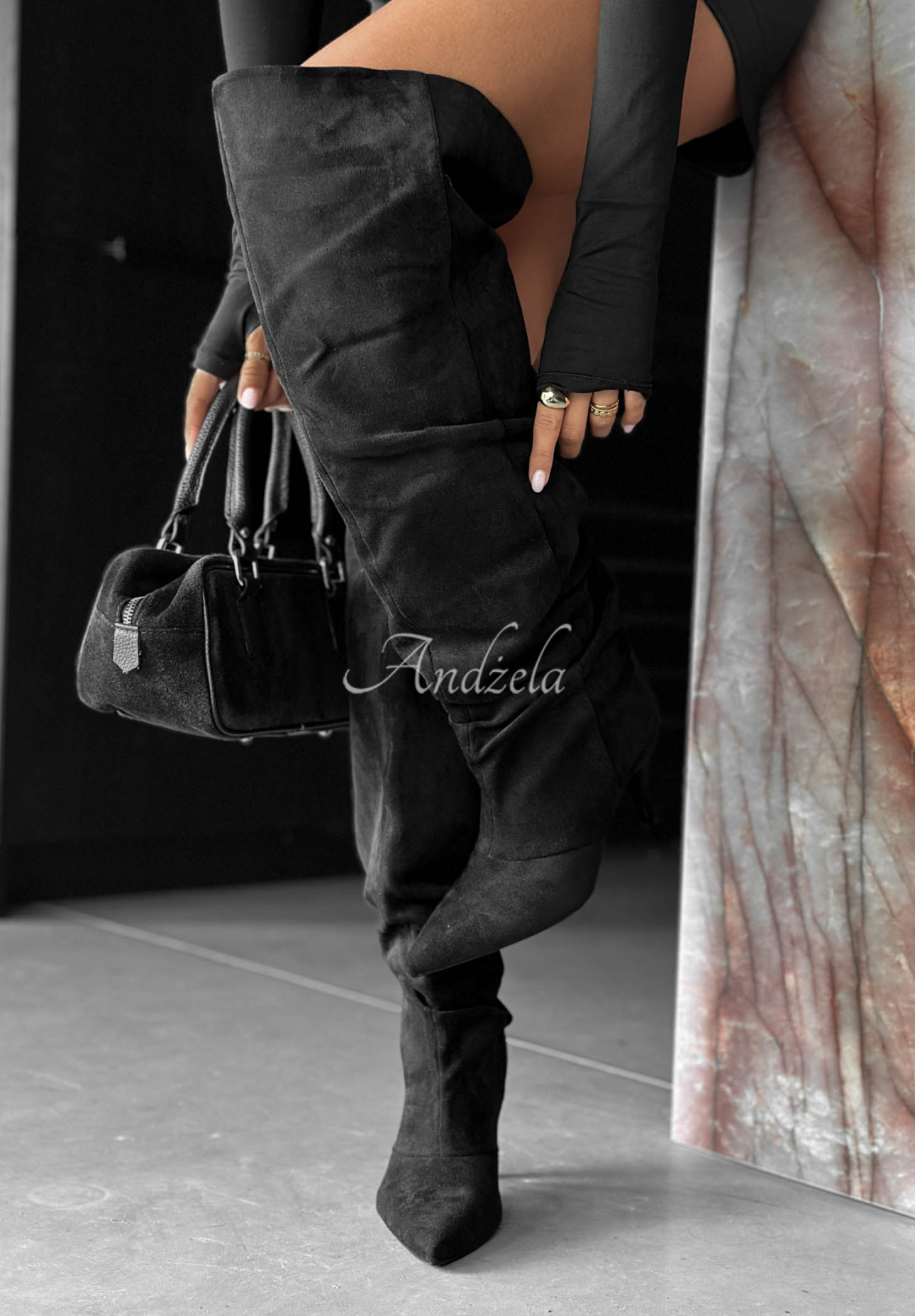 Signature Walk Black Long Suede Stiletto Boots