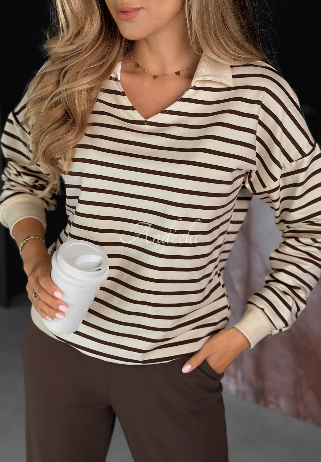 Hello Weekend Vanilla-Chocolate Striped Cotton Sweatsuit Set (Sweatshirt and Pants)