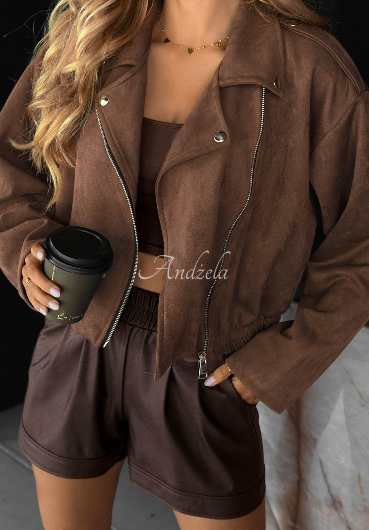 Maple Story Short Chocolate-Brown Suede Biker Jacket