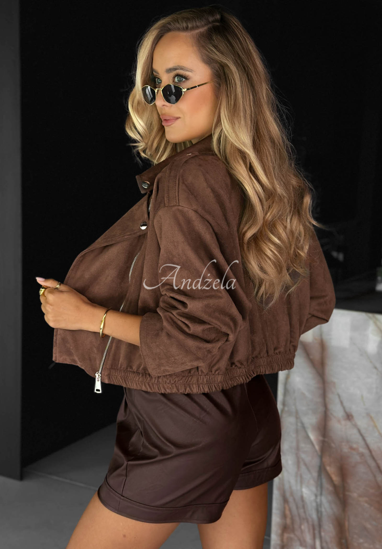 Maple Story Short Chocolate-Brown Suede Biker Jacket