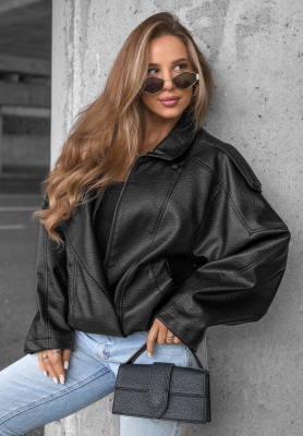 Amber Mood Black Leather Jacket with Drawstring