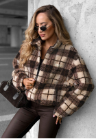 Krótka kurtka baranek sherpa w kratę Teddy Jacket czekoladowa