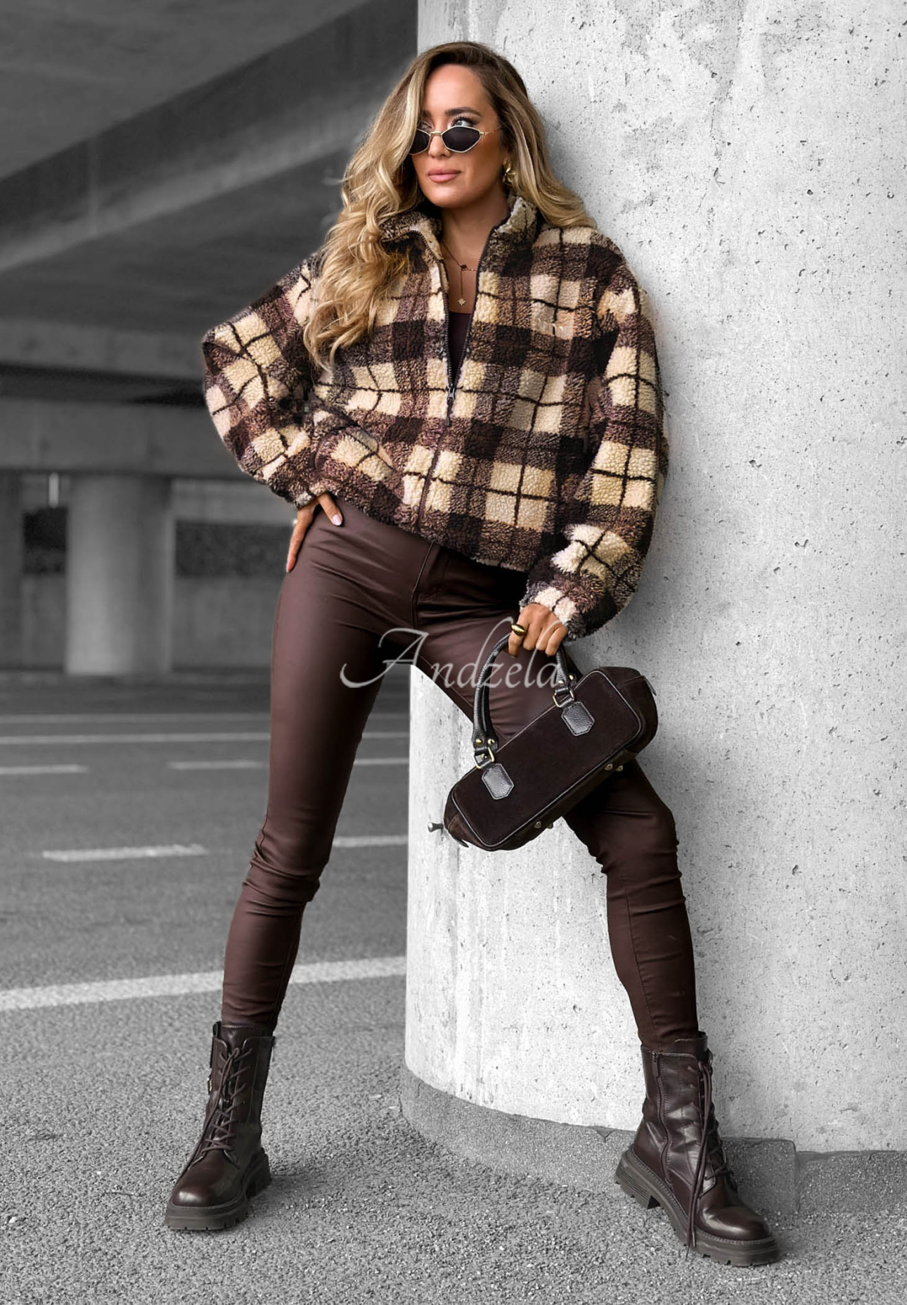Short checkered sherpa lambswool jacket, "Teddy Jacket," chocolate brown