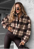 Krótka kurtka baranek sherpa w kratę Teddy Jacket czekoladowa