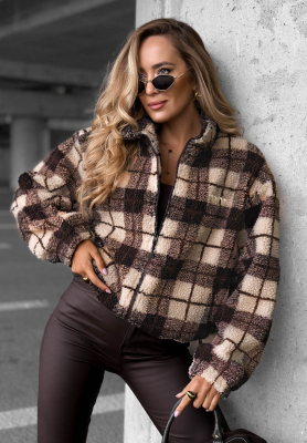 Short checkered sherpa lambswool jacket, "Teddy Jacket," chocolate brown