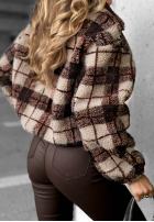 Krótka kurtka baranek sherpa w kratę Teddy Jacket czekoladowa