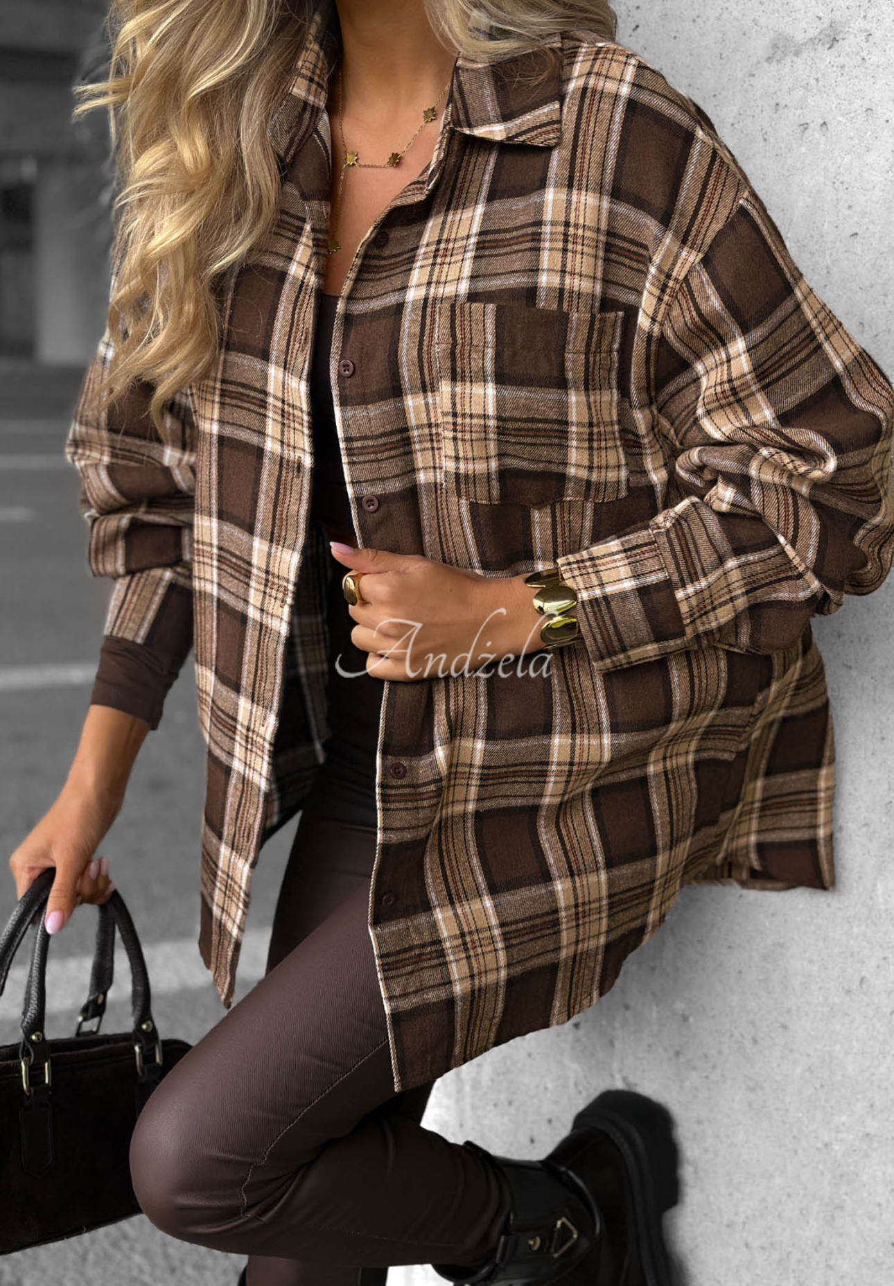 Fall Edit Long Checkered Shirt in Chocolate
