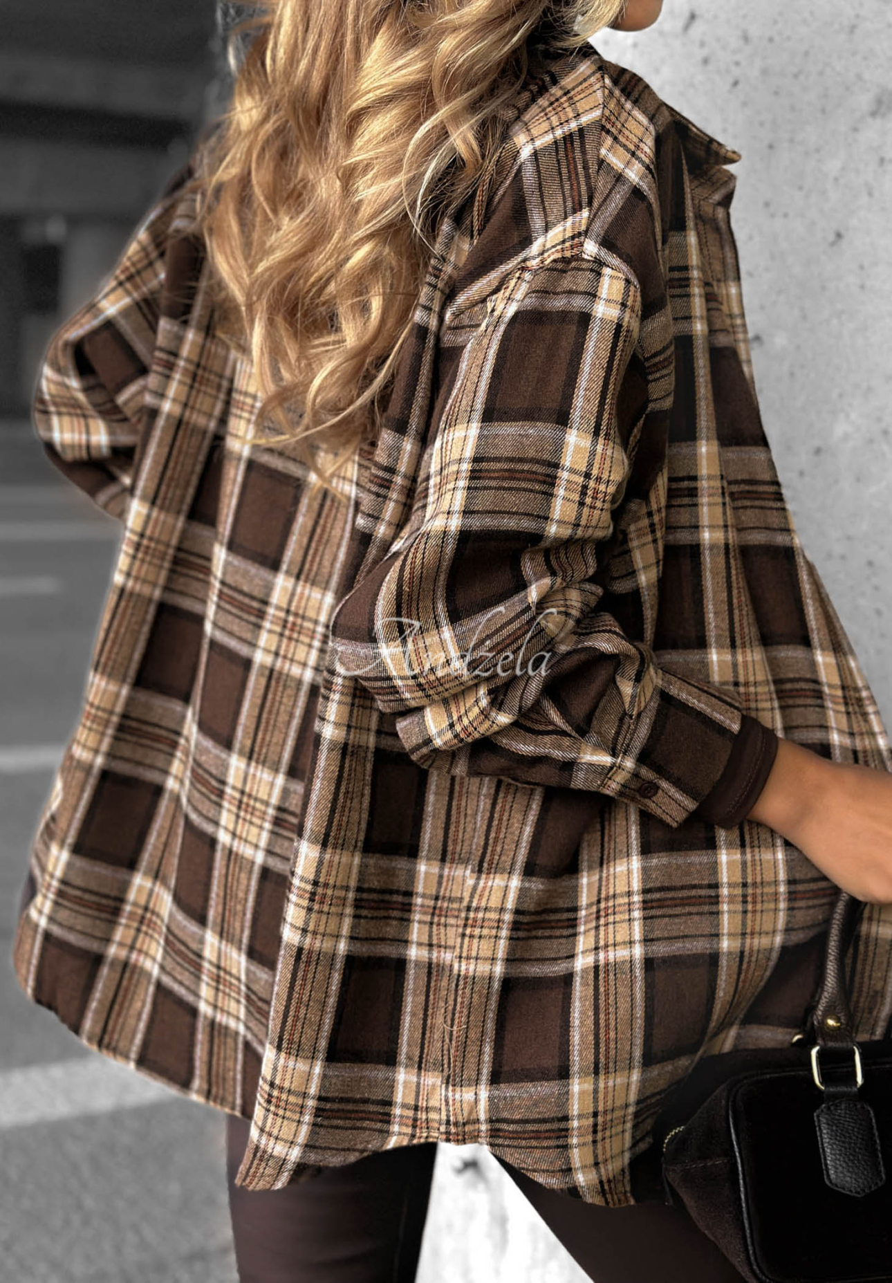 Fall Edit Long Checkered Shirt in Chocolate