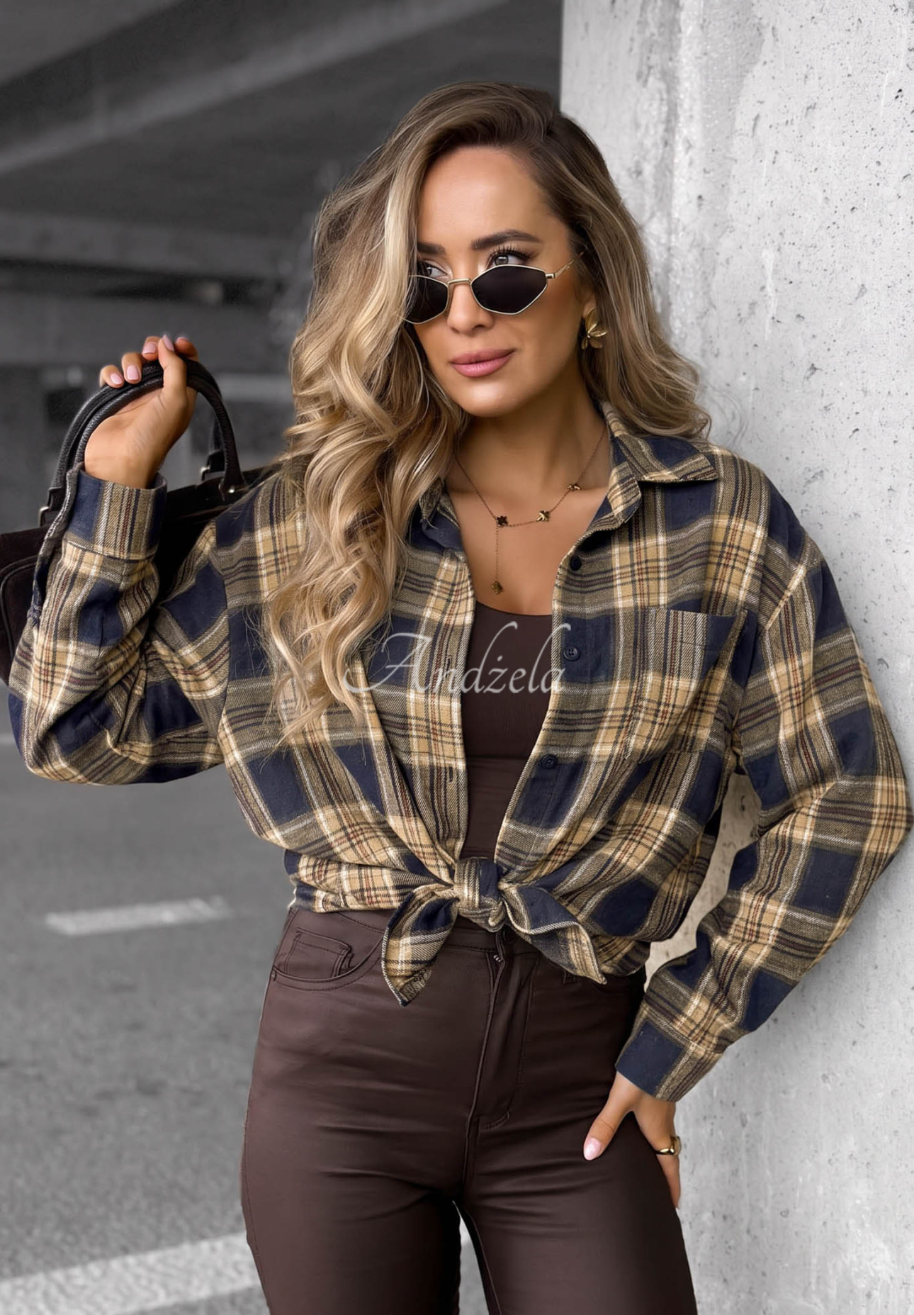 Fall Edit Long Checkered Shirt, Navy Blue