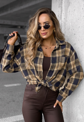 Fall Edit Long Checkered Shirt, Navy Blue