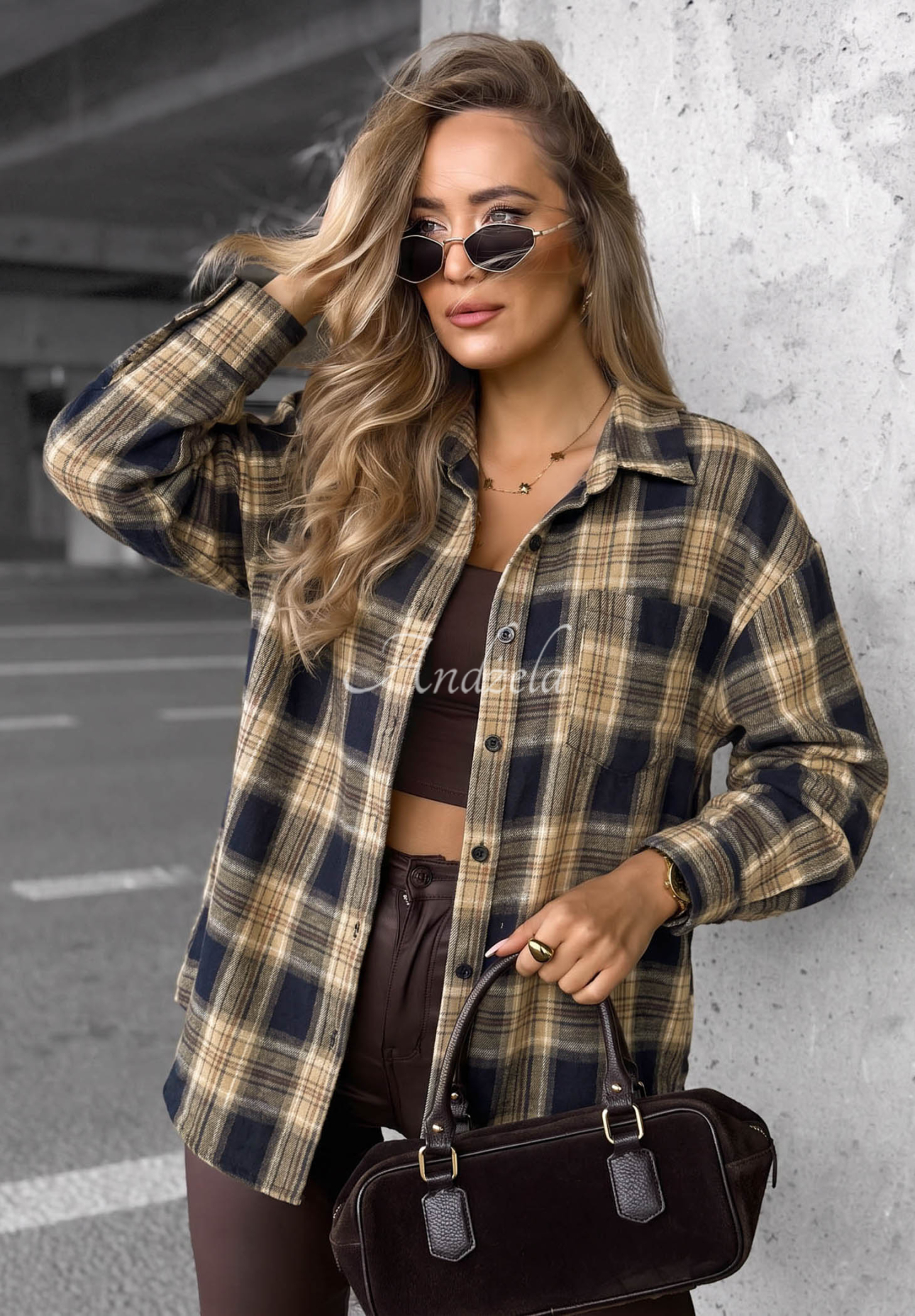 Fall Edit Long Checkered Shirt, Navy Blue