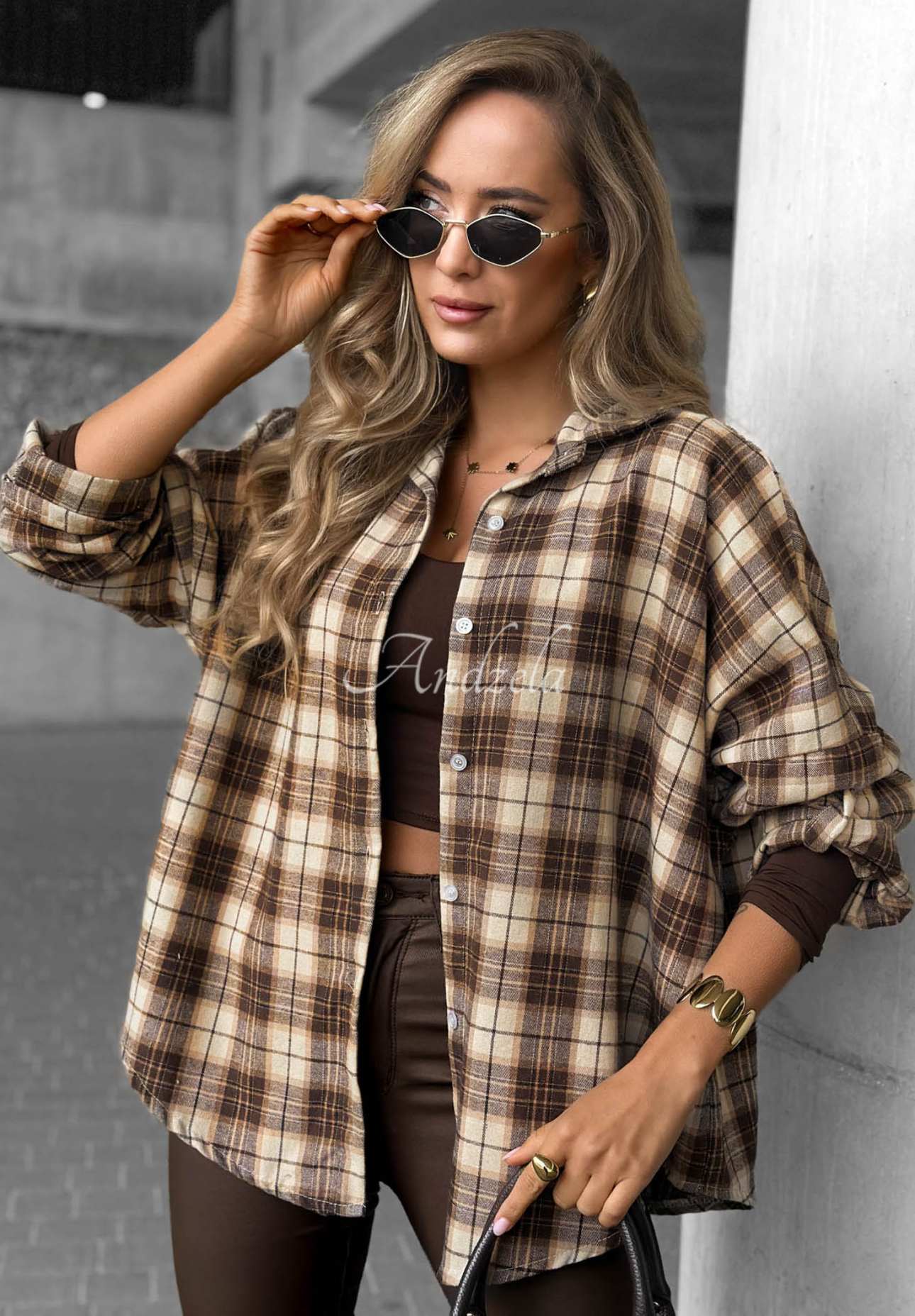 Cozy Edit Chocolate-Colored Checkered Shirt Made of Cotton and Viscose
