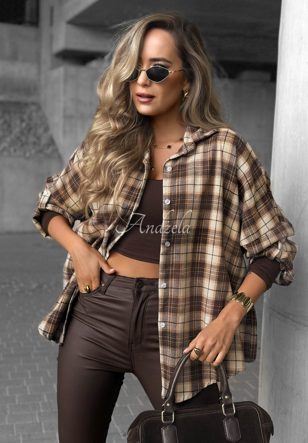 Cozy Edit Chocolate-Colored Checkered Shirt Made of Cotton and Viscose