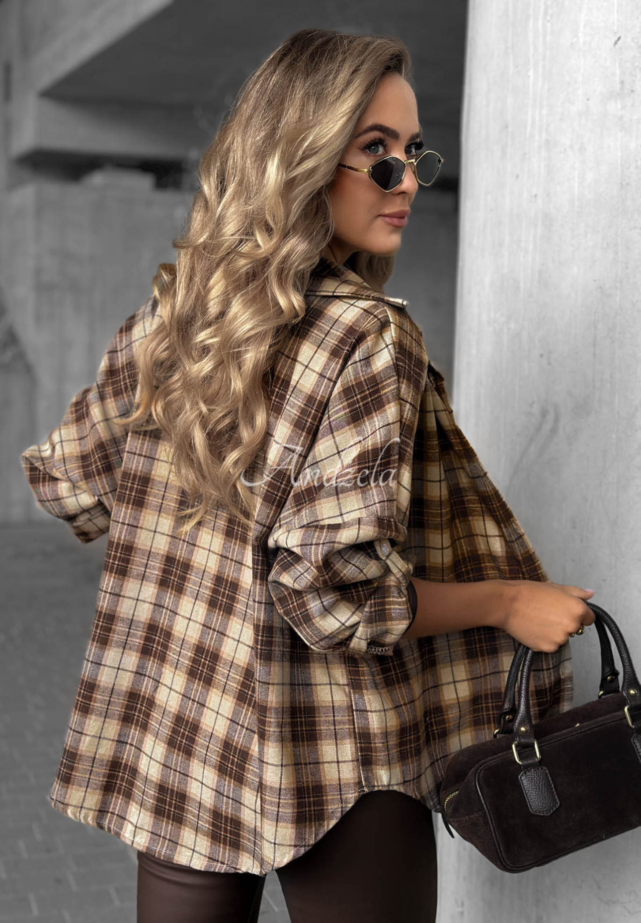 Cozy Edit Chocolate-Colored Checkered Shirt Made of Cotton and Viscose