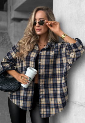 Cozy Edit Navy Blue Checkered Shirt with Cotton and Viscose