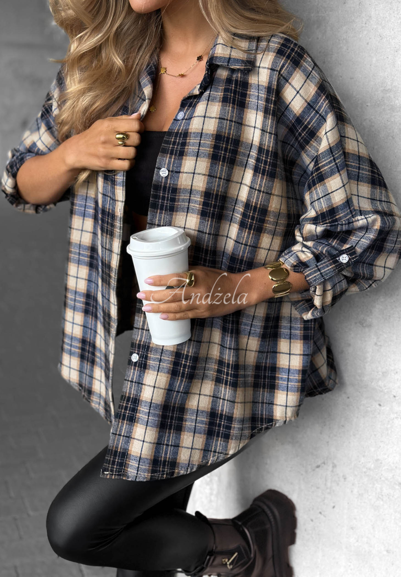 Cozy Edit Navy Blue Checkered Shirt with Cotton and Viscose