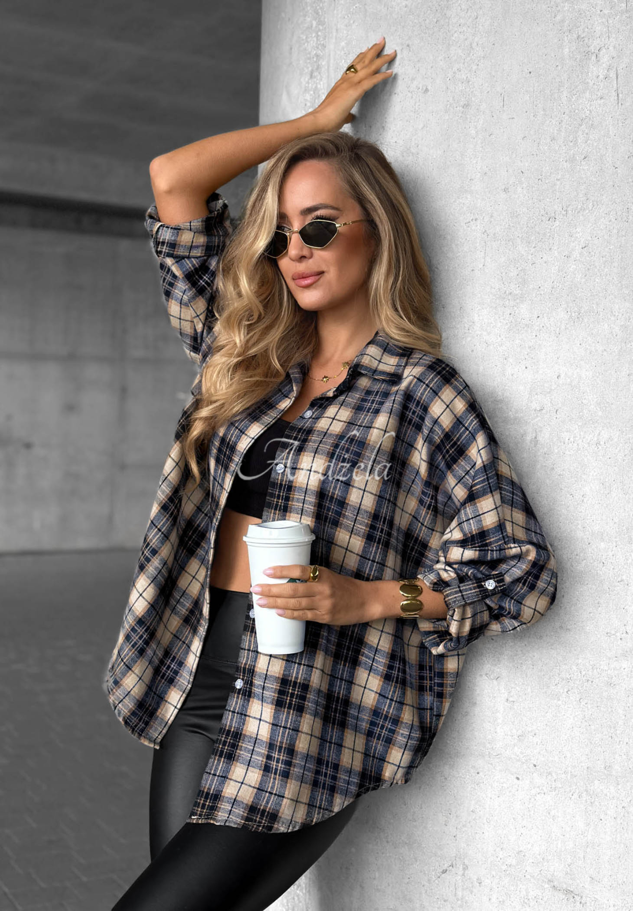 Cozy Edit Navy Blue Checkered Shirt with Cotton and Viscose
