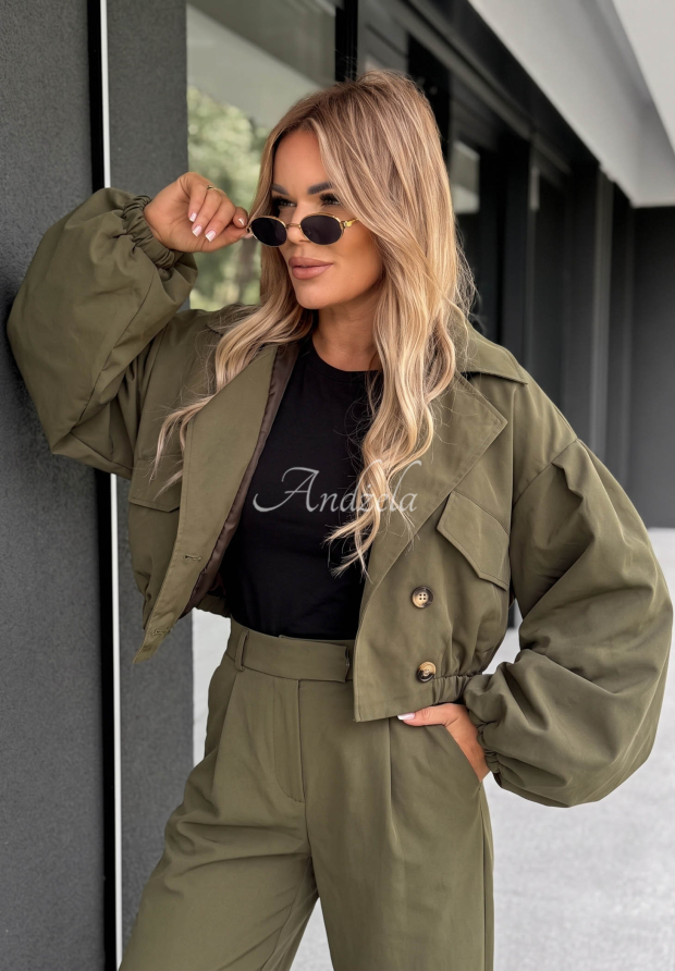Italian Winds Khaki Short Double-Breasted Oversized Coat