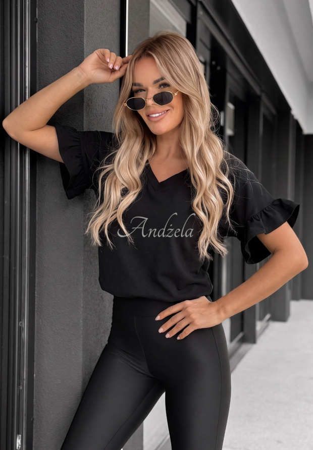 Bawełniany T-shirt z falbankami Ask For More czarny