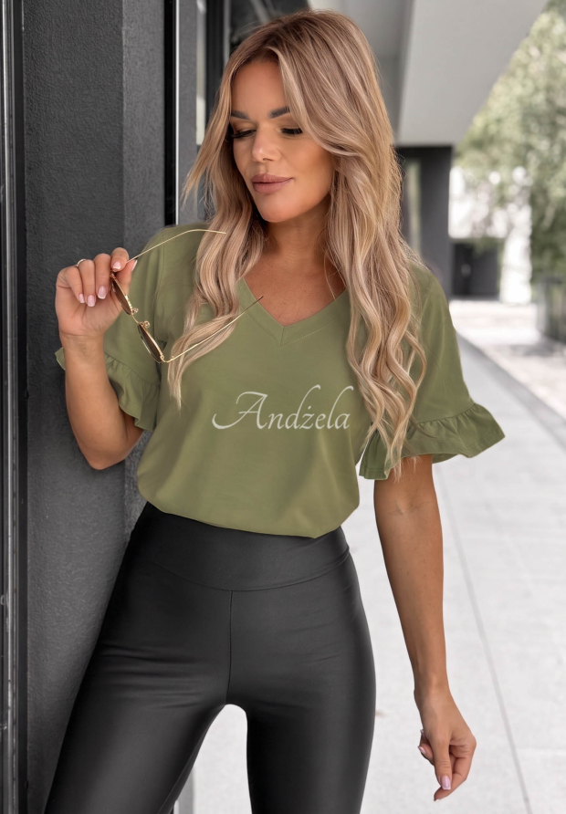 Ask For More Olive Cotton T-Shirt with Ruffles