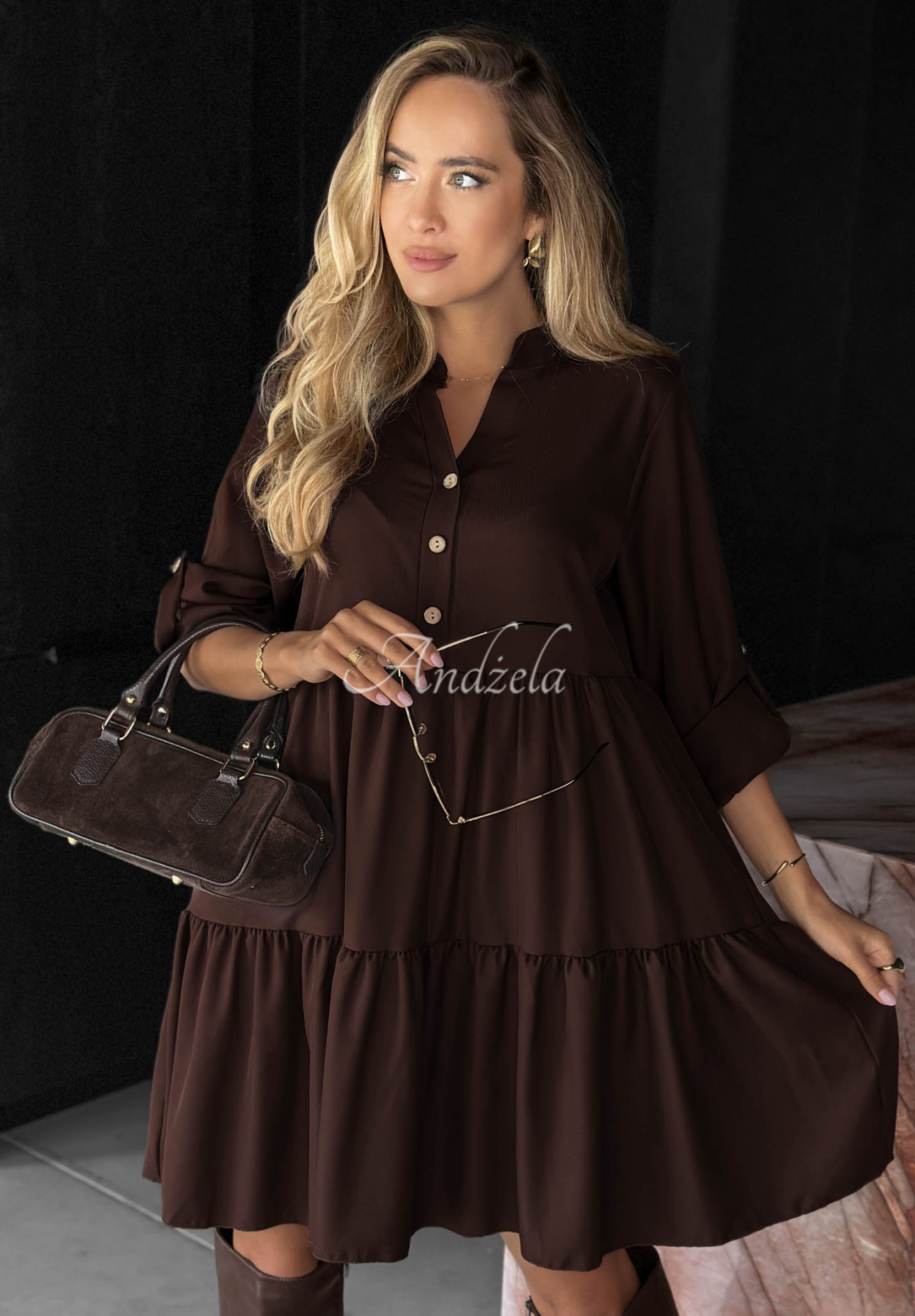 Modern Charm Chocolate-Colored Oversized Dress with Ruffles, Made of Viscose