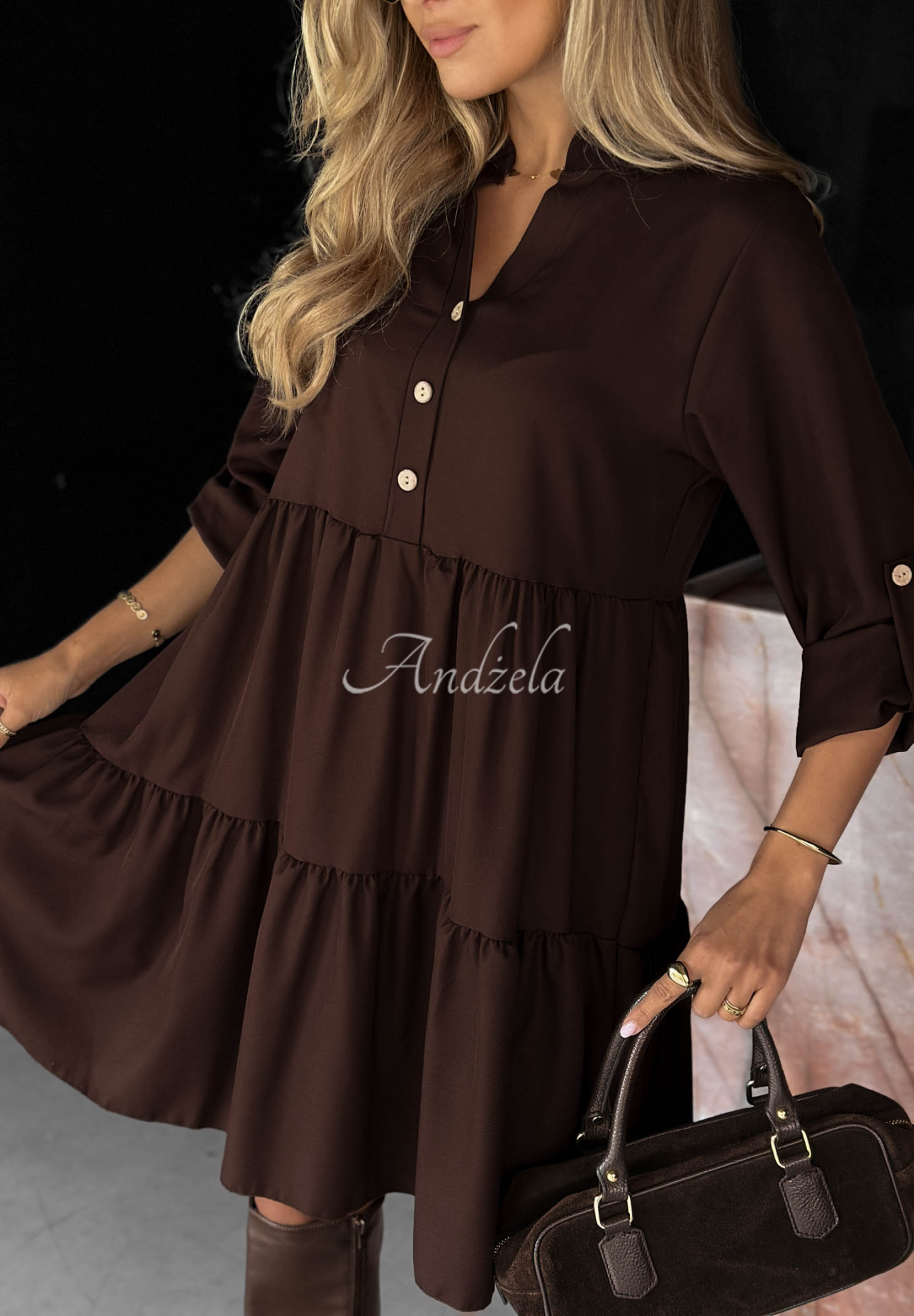 Modern Charm Chocolate-Colored Oversized Dress with Ruffles, Made of Viscose