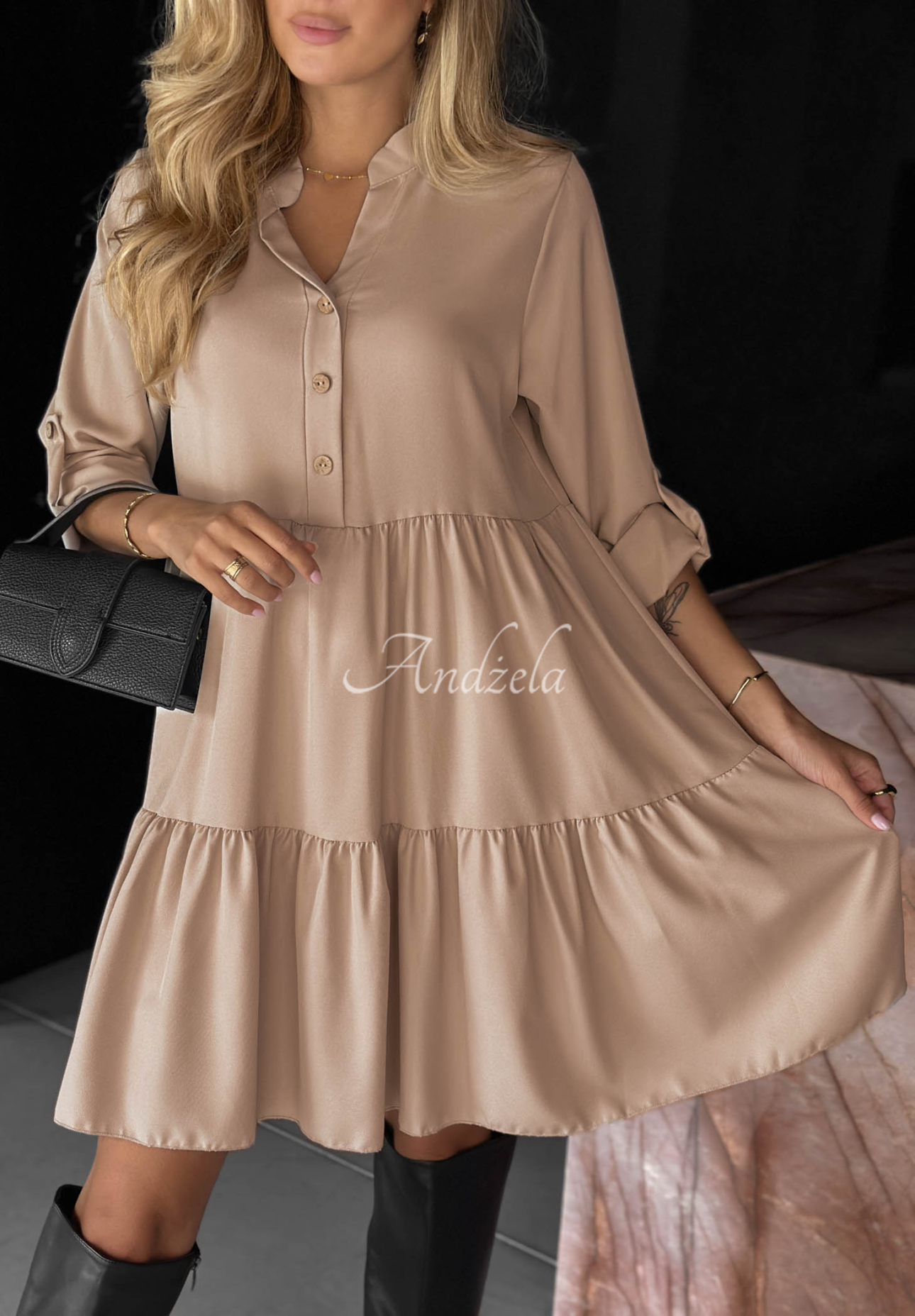 Modern Charm Beige Oversized Dress with Ruffles, Made of Viscose