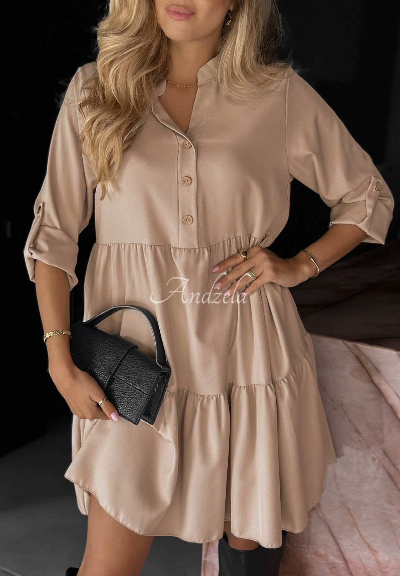 Modern Charm Beige Oversized Dress with Ruffles, Made of Viscose