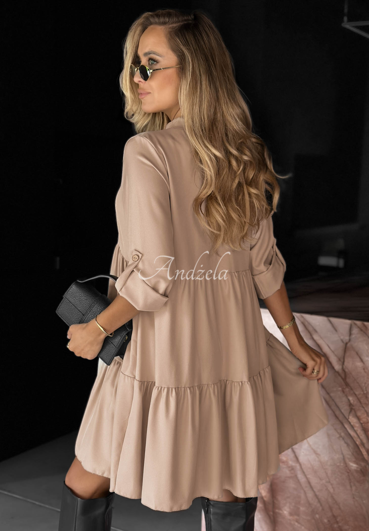 Modern Charm Beige Oversized Dress with Ruffles, Made of Viscose