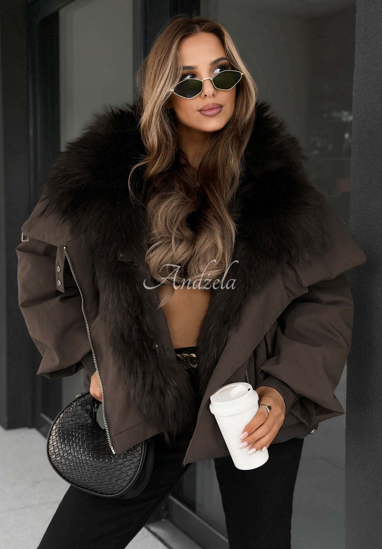 Nordic Mist Down Jacket with Fur Trim, Chocolate Brown