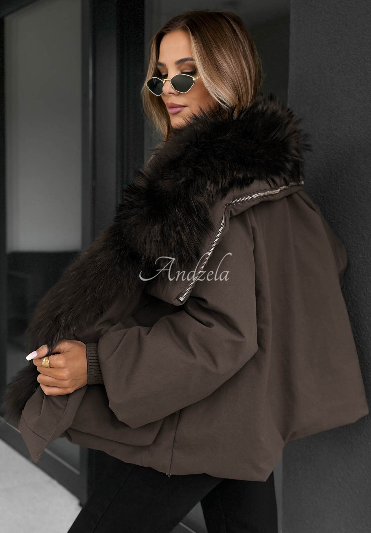 Nordic Mist Down Jacket with Fur Trim, Chocolate Brown