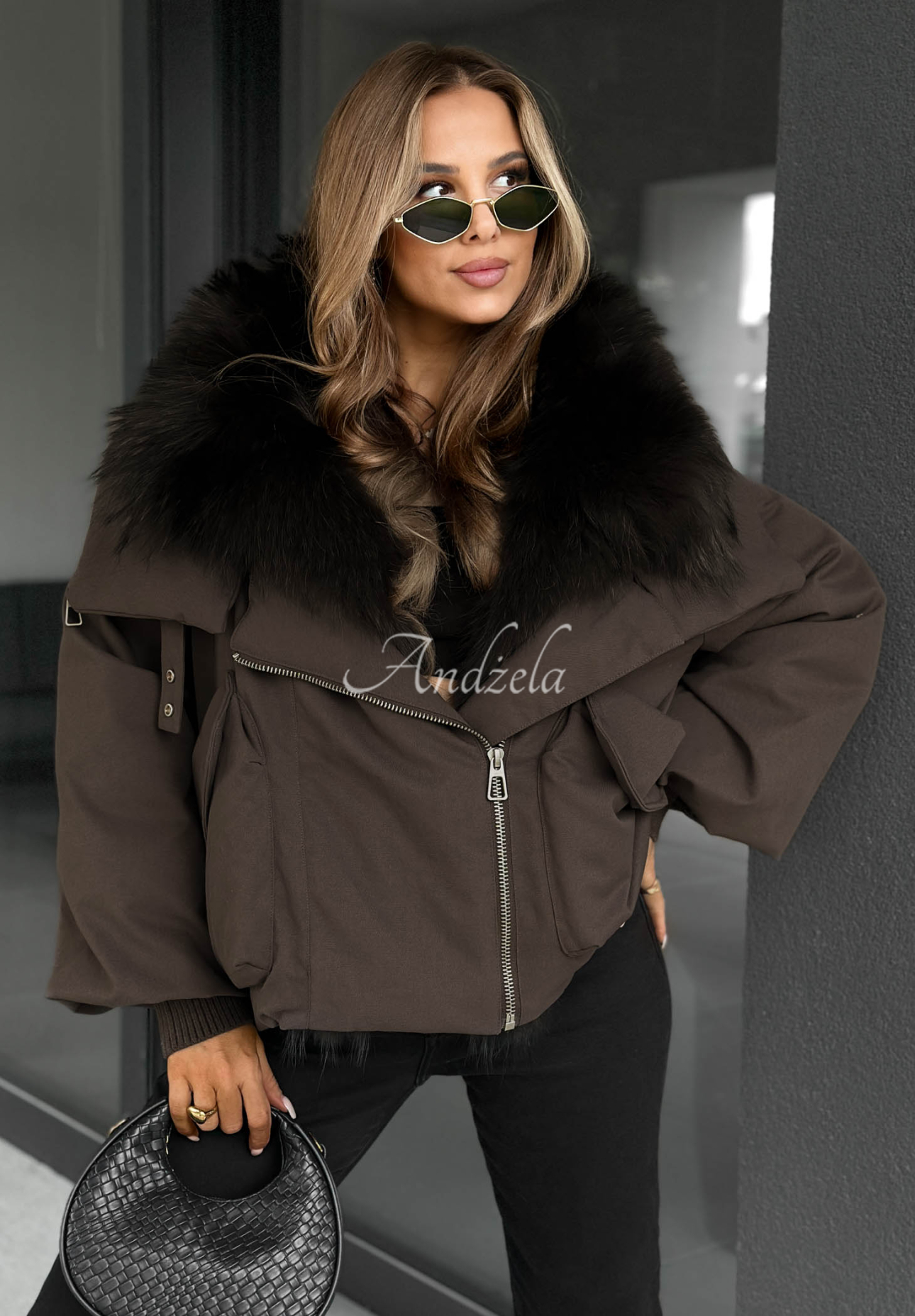 Nordic Mist Down Jacket with Fur Trim, Chocolate Brown