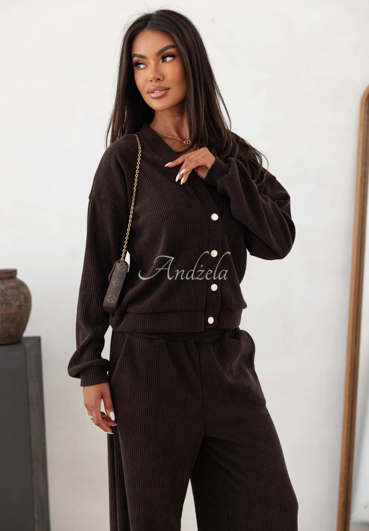 Sztruksowy komplet bluza i spodnie wide leg z bawełny Simple Escape czekoladowy