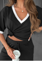 Bawełniany T-shirt z dekoltem w serek Perfect Basic granatowy