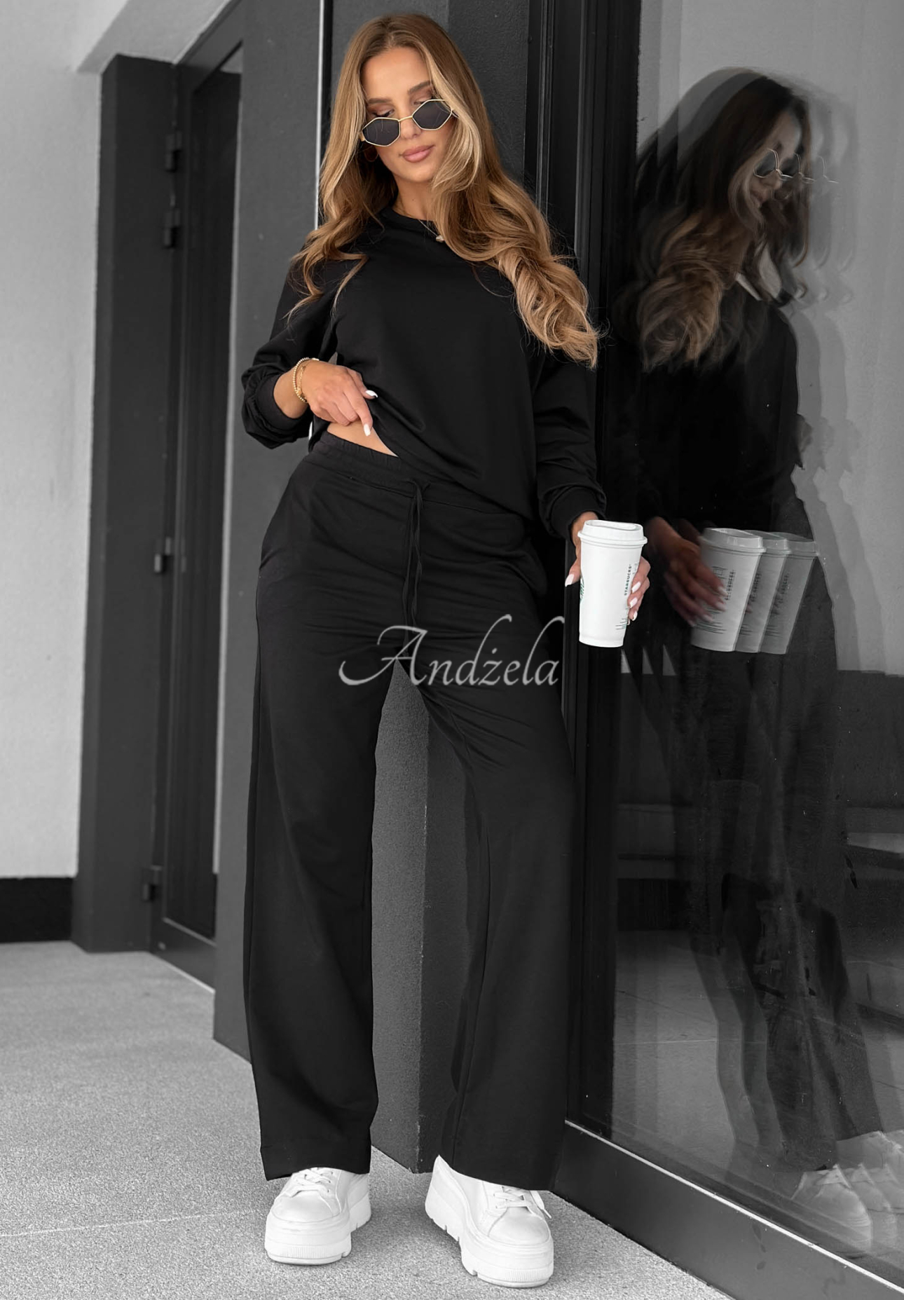 Never Late Black Wide-Leg Cotton Sweatpants