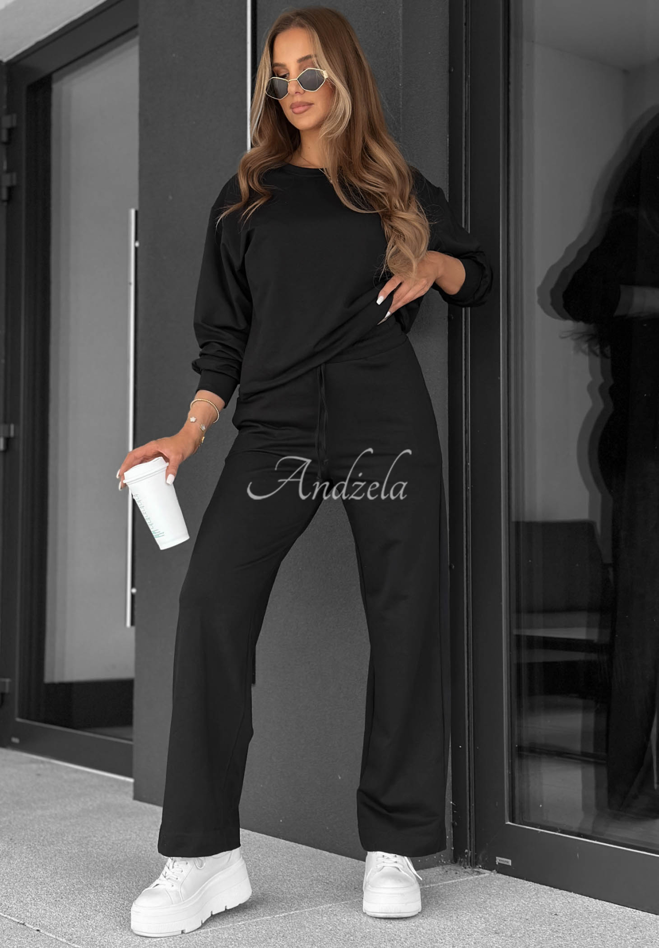 Never Late Black Wide-Leg Cotton Sweatpants
