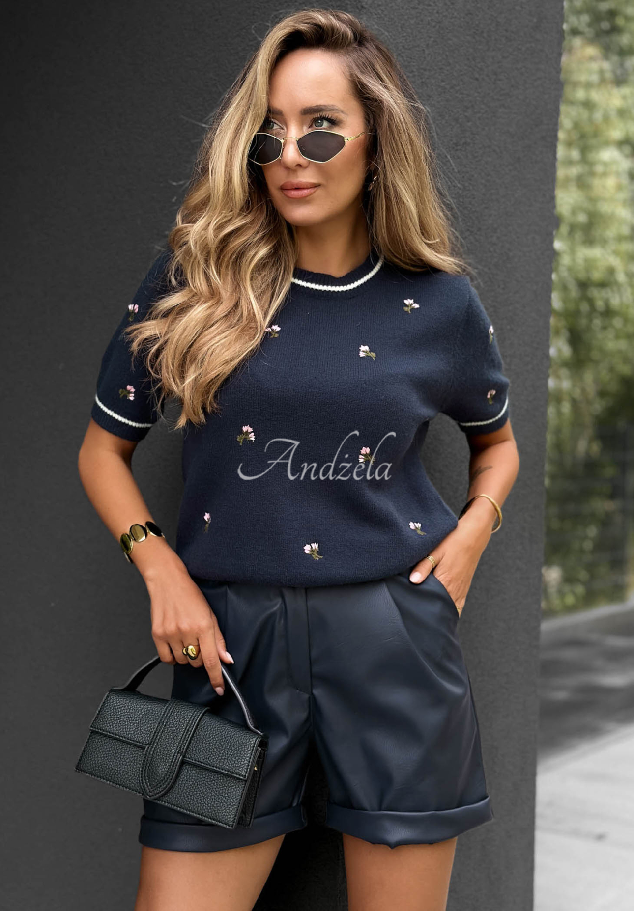 Soft viscose sweater with embroidered flowers, Fall For Flora, navy blue