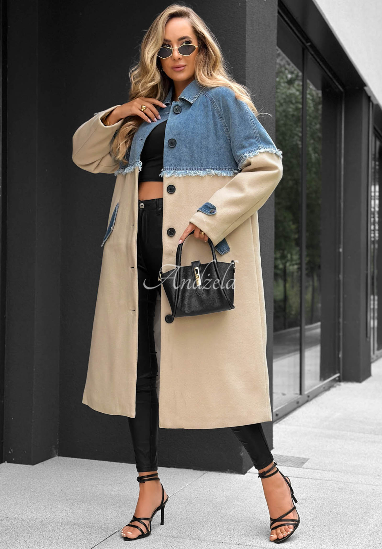 Park Avenue Long Coat with Denim Accents, Beige and Blue