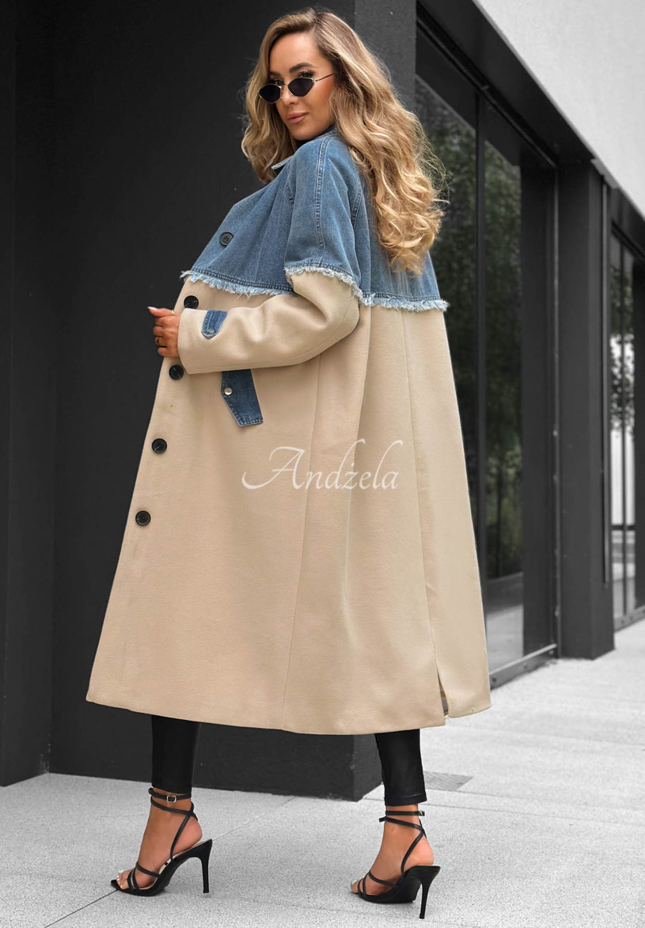 Park Avenue Long Coat with Denim Accents, Beige and Blue