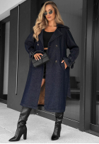 Długi jeansowy płaszcz trencz z paskiem Autumn Outfits ciemnogranatowy