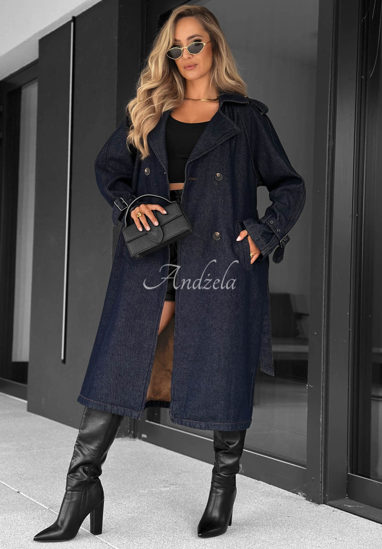 Długi jeansowy płaszcz trencz z paskiem Autumn Outfits ciemnogranatowy