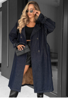 Długi jeansowy płaszcz trencz z paskiem Autumn Outfits ciemnogranatowy