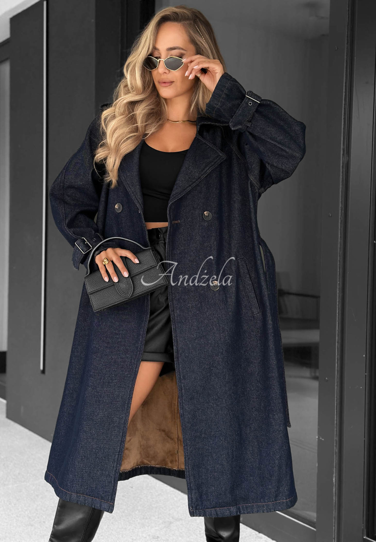 Long denim trench coat with a belt by Autumn Outfits, dark navy blue