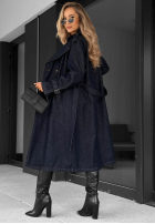 Długi jeansowy płaszcz trencz z paskiem Autumn Outfits ciemnogranatowy