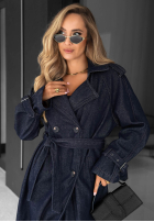 Długi jeansowy płaszcz trencz z paskiem Autumn Outfits ciemnogranatowy