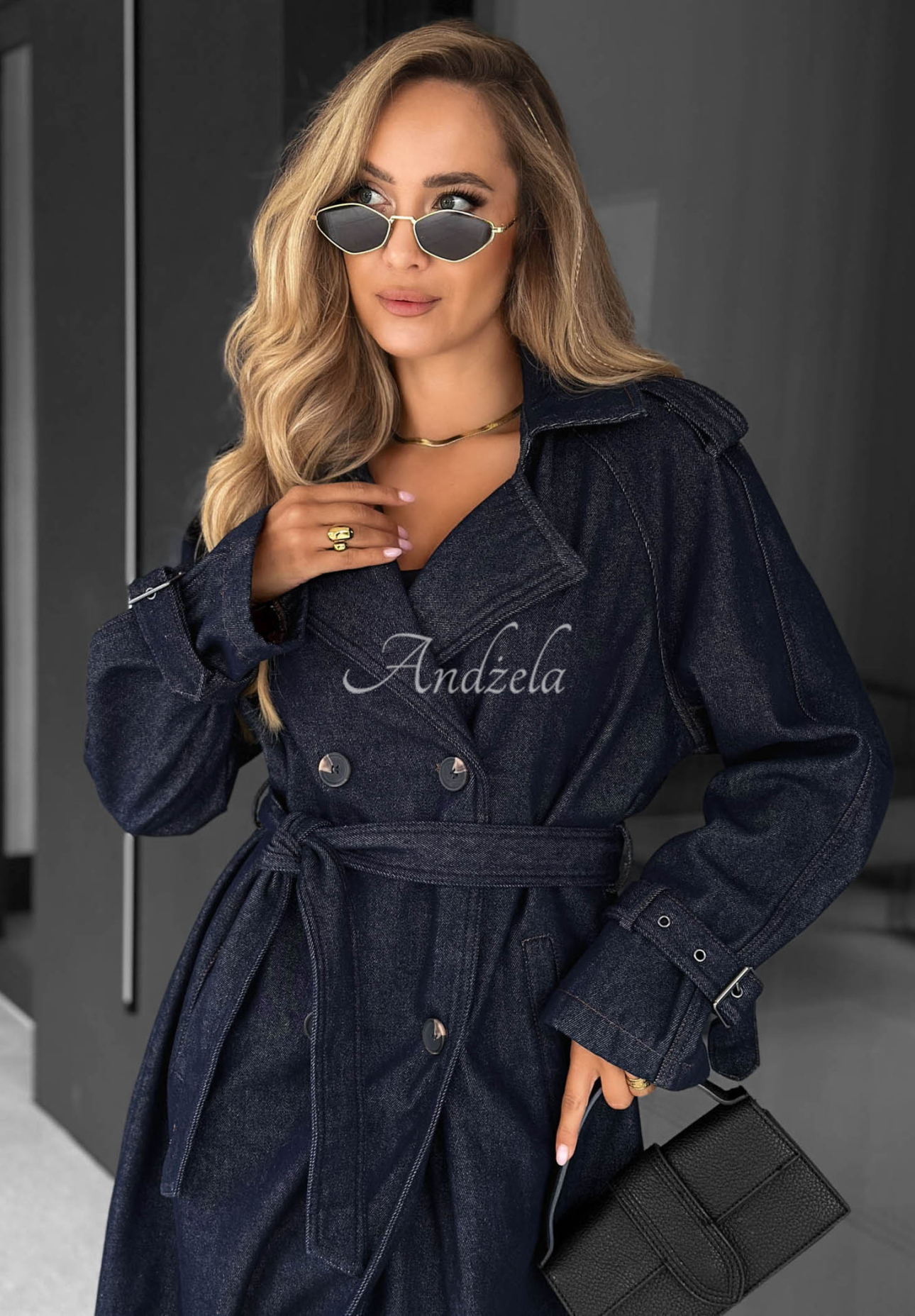 Długi jeansowy płaszcz trencz z paskiem Autumn Outfits ciemnogranatowy