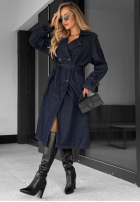 Długi jeansowy płaszcz trencz z paskiem Autumn Outfits ciemnogranatowy