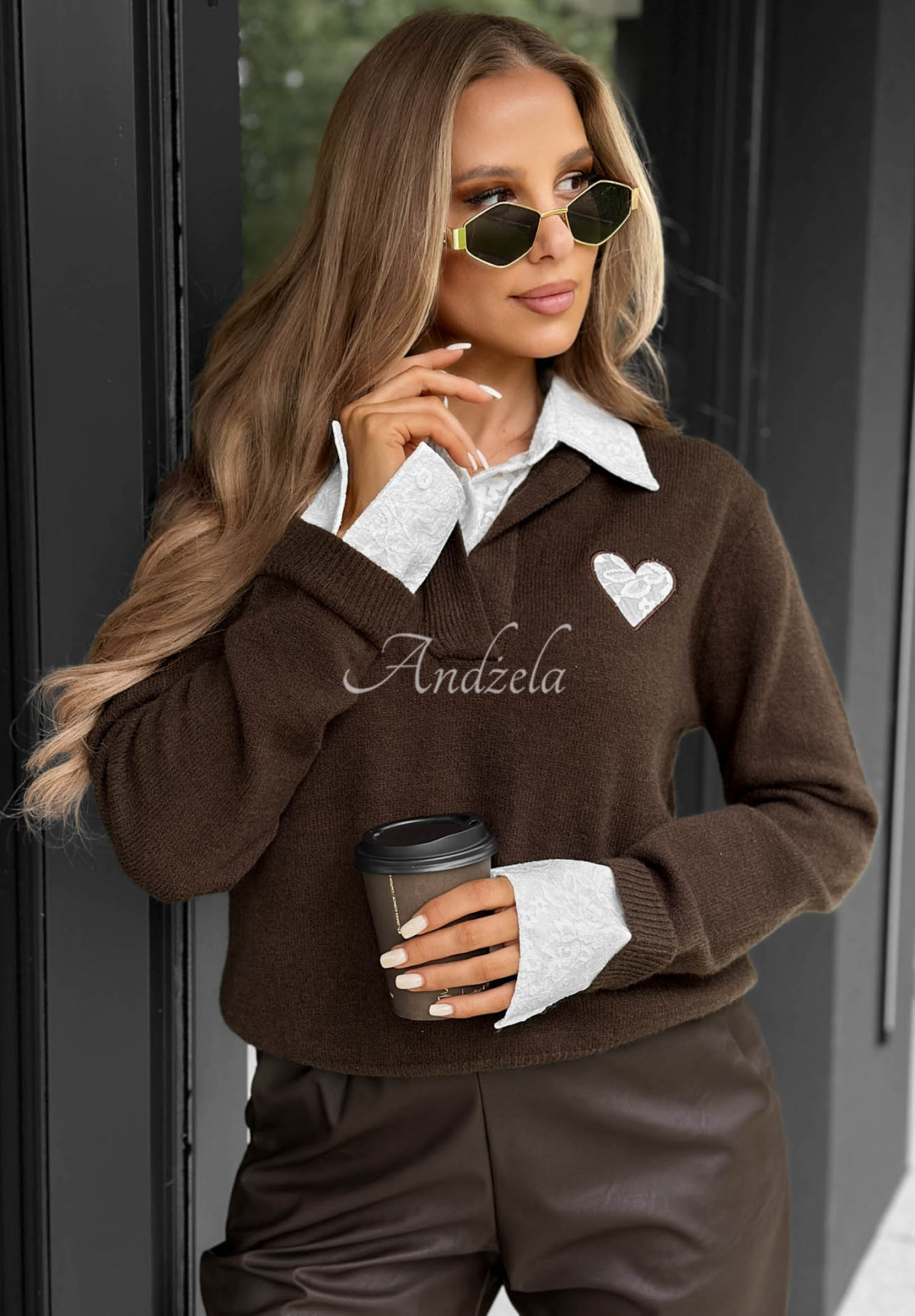 Cozy Charm Chocolate-Colored Viscose Sweater with Lace Collar