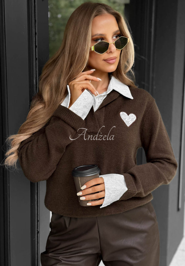 Cozy Charm Chocolate-Colored Viscose Sweater with Lace Collar