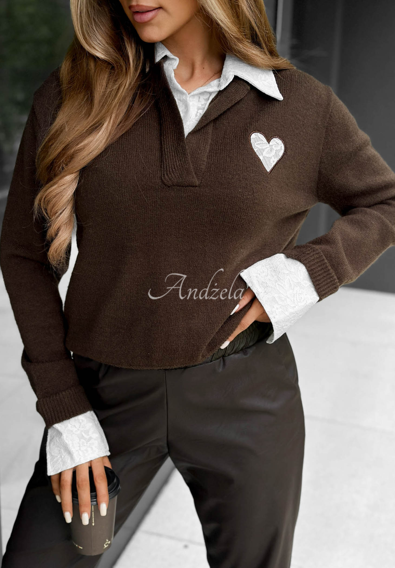Cozy Charm Chocolate-Colored Viscose Sweater with Lace Collar